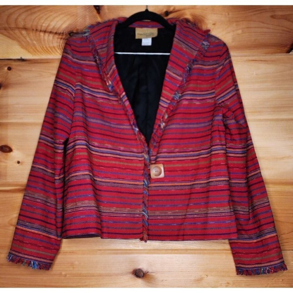 Painted Pony Women’s medium Red Striped Cotton Fringed Button Jacket Made in USA